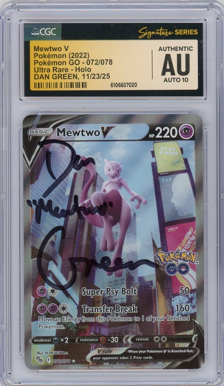 CGC Dan Green Signed Mewtwo V Alternate Full Art 072/078 Pokémon GO Stamped