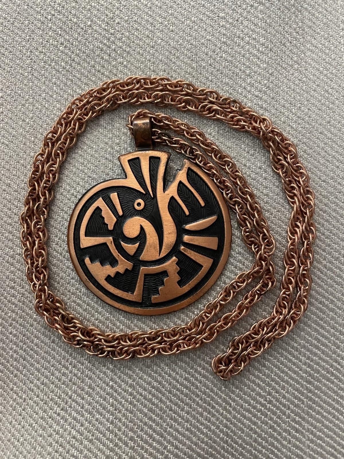 Solid Copper Stepped Meander Aztec Bird Necklace - image 1