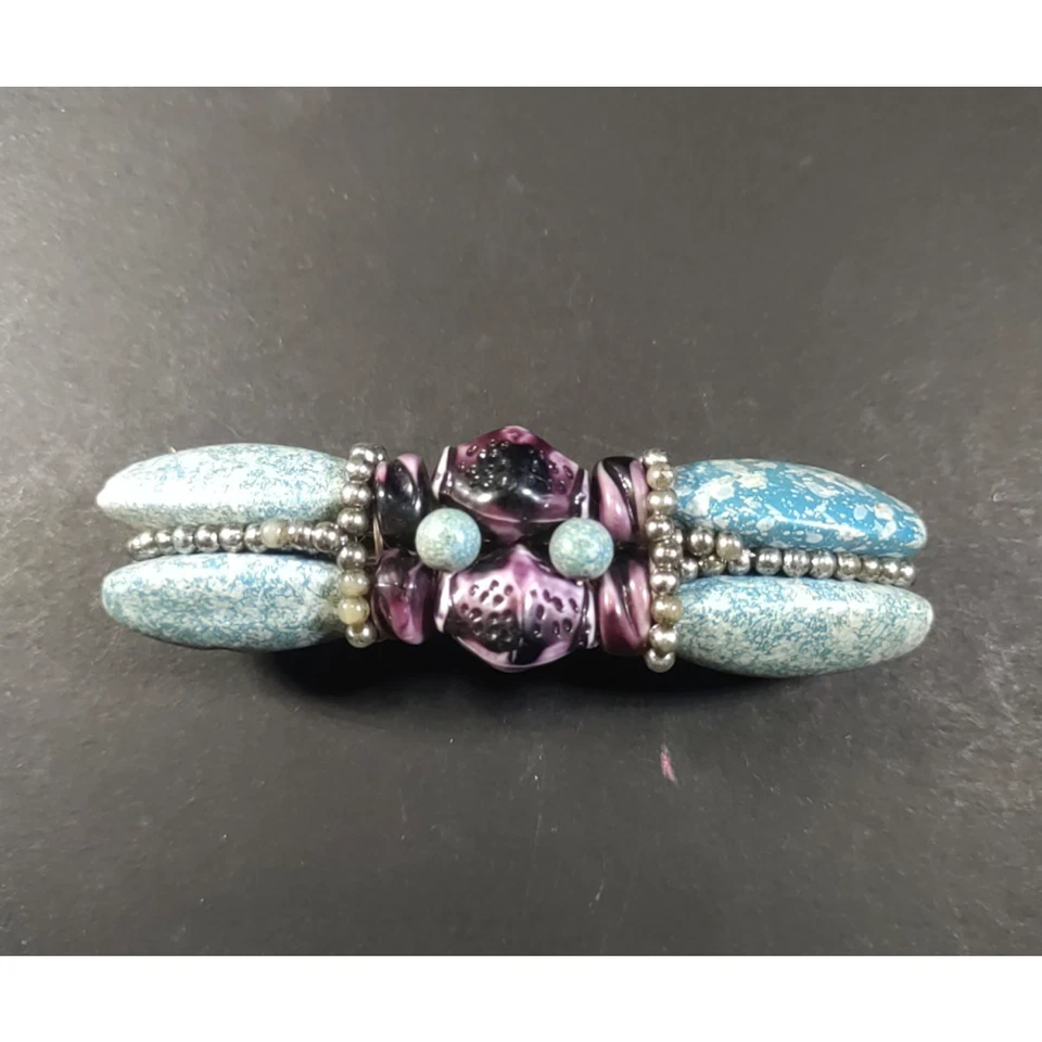 Hair Barrette Hand Made Blue Purple Stone? Silver Beading Tension Clip - Image 2 of 4