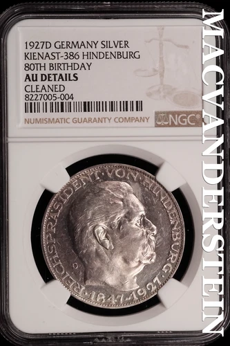 Germany: 1927D Hindenburg Silver - NGC AU Details - Scarce  No Reserve  #SLi472
