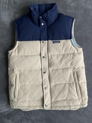 Patagonia Bivy Down Vest Men s Size Medium Navy Blue/Tan Goose Down Full Zip EUC