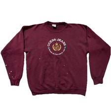 Vintage 80s Guess Burgundy Embroidered Spellout Sweatshirt Vtg Rare USA FLAWS