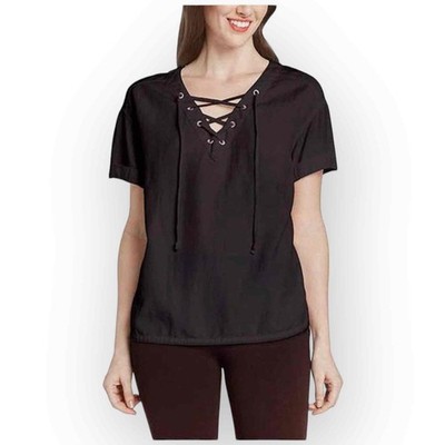 Matty M Lace-Up V-Neck Blouse - Elegant Black, Versatile Chic - 796M