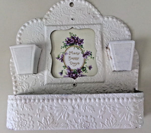 2 VINTAGE SHABBY FARM CHIC TIN CEILING TILE TRINKET & MEMO WALL POCKET HANGING