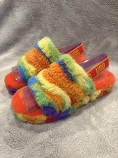 Ugg Slippers Women s Size 7 Fluff Yeah Rainbow Colors Slides Sandals Pre-Owned