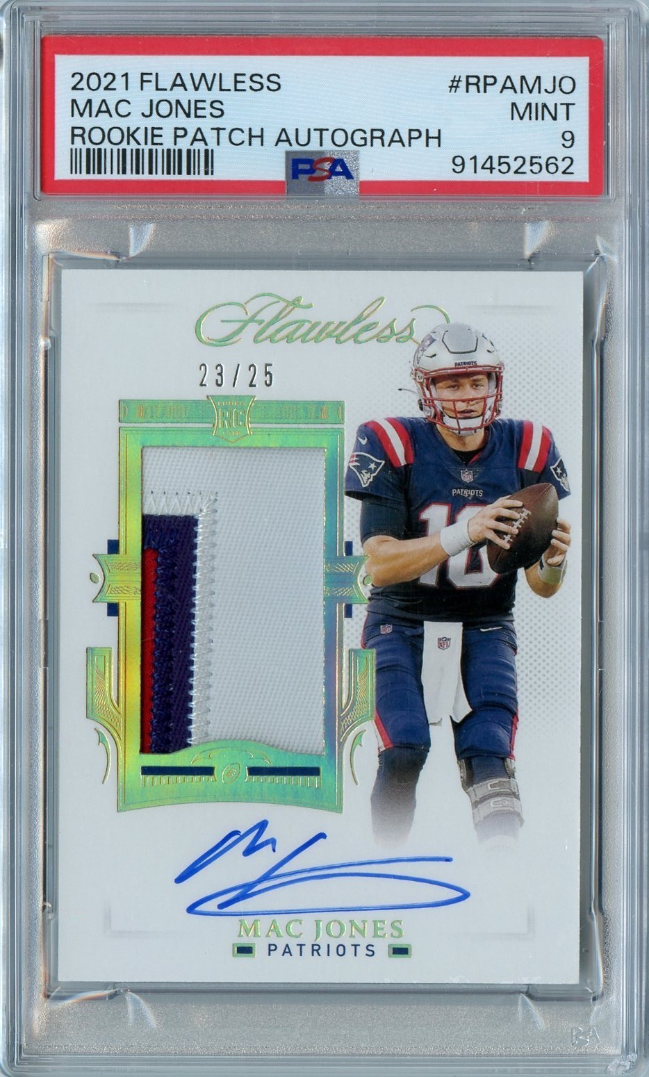 2021 Panini Flawless Mac Jones Rookie Patch Auto #'D 23/25 #RPA-MJO PSA 9 49ERS