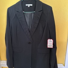 Cabi Pinstriped Black Blazer With Ruffled Collar One Bottom Front With Pockets