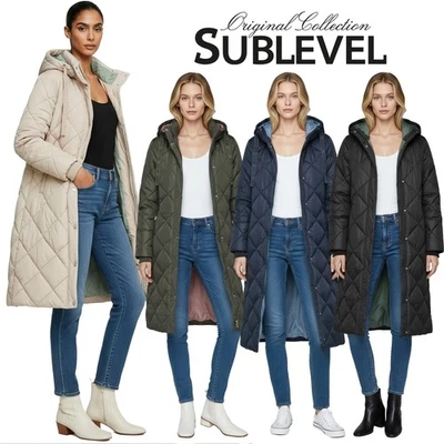 Sublevel Damen Stepp Mantel lang geschnitten Winterjacke warm Jacke elegant