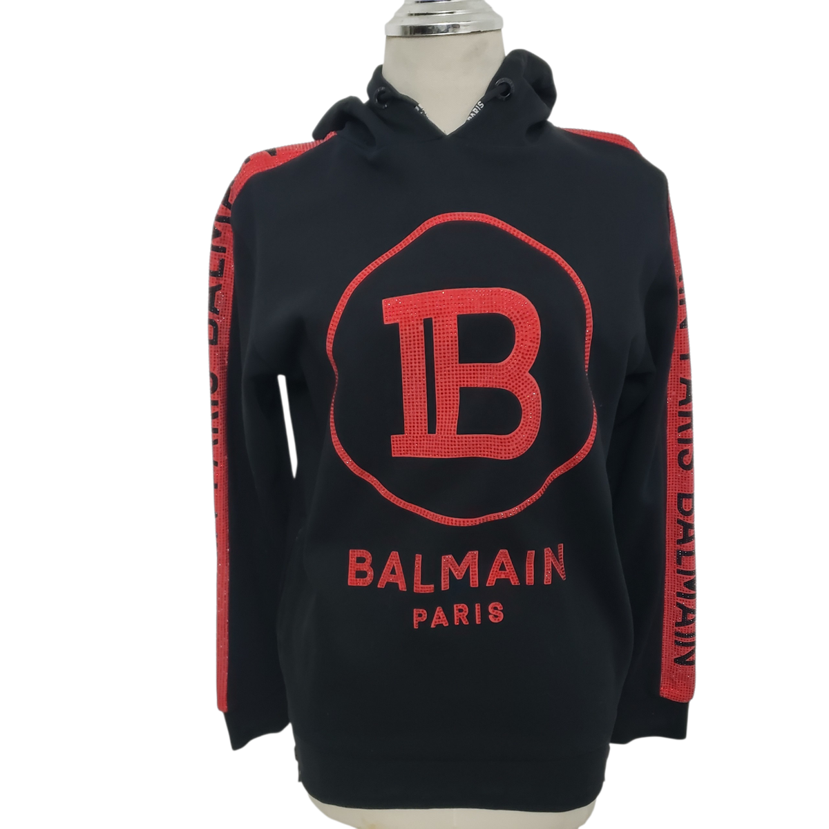 Balmain Black Red Paris Women Rhinestone Logo Hoodie Cotton