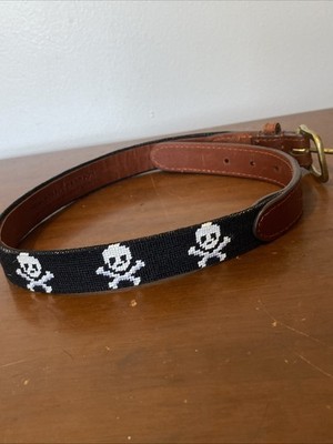 Smathers Branson Skulls Needlepoint Belt Size M Brass Buckle Brown Leather