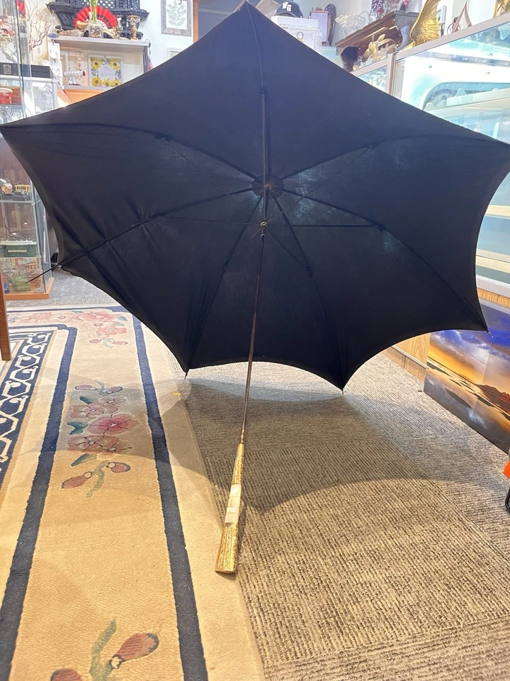Victorian Umbrella Gold And Mother Of Pearl Handle Original Black Shade 1850's - Image 2 of 4