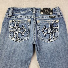 Miss Me Jeans Womens 26 Blue Dark Wash Faded Bootcut Embellished Stretch JP500gR