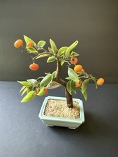 Vintage Glass Bonsai Tree Jade Green Leaves Oranges Asian Celadon Pot