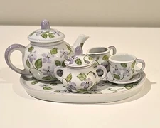 Andrea by Sadek Porcelain Dollhouse Miniature Tea Set Cups Saucers Pot Floral