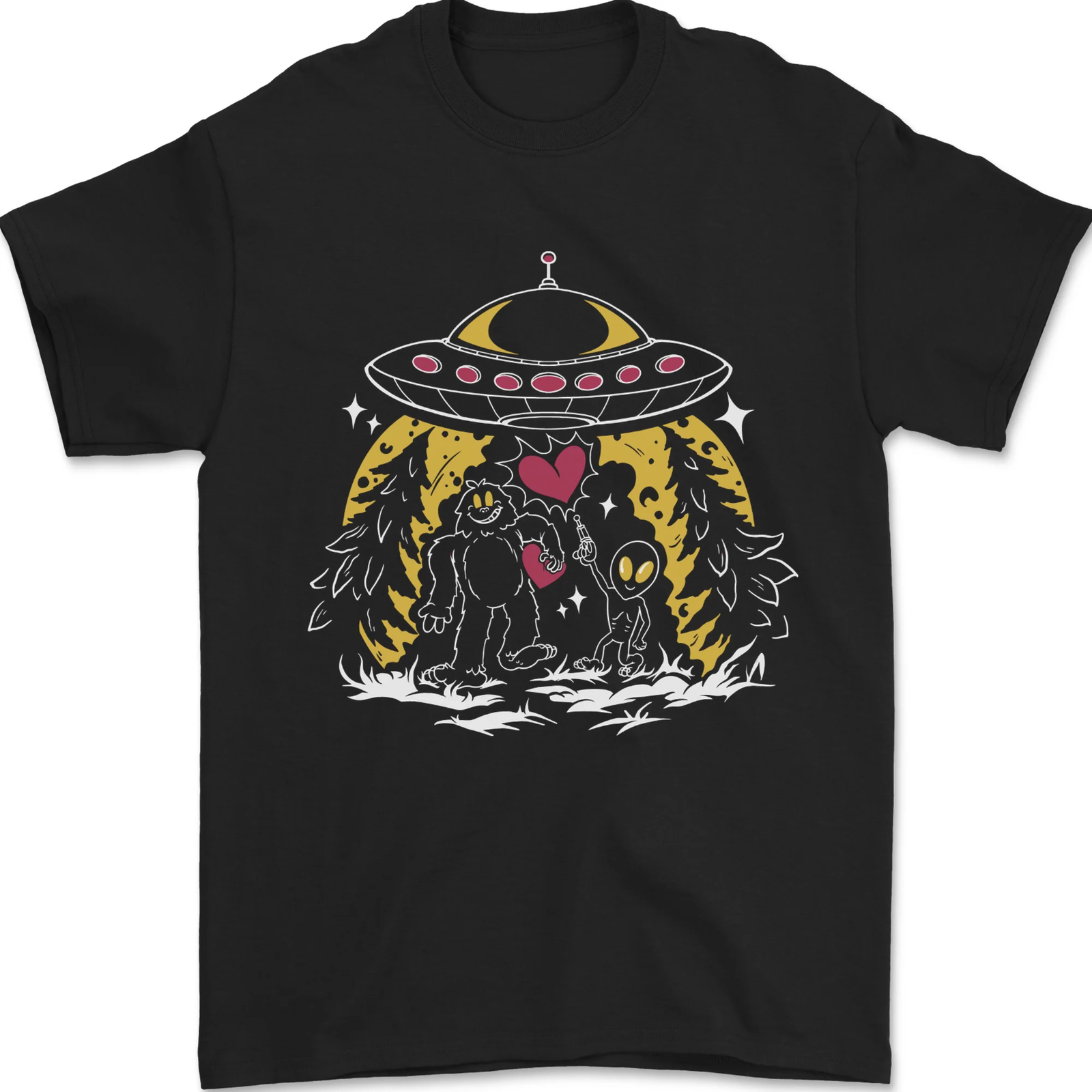 Bigfoot & Alien UFO Mens T-Shirt 100% Cotton