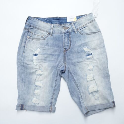 Time And Tru Bermuda Shorts Women's 6 Blue Slim Fit Mid-Rise Distressed Cuffed