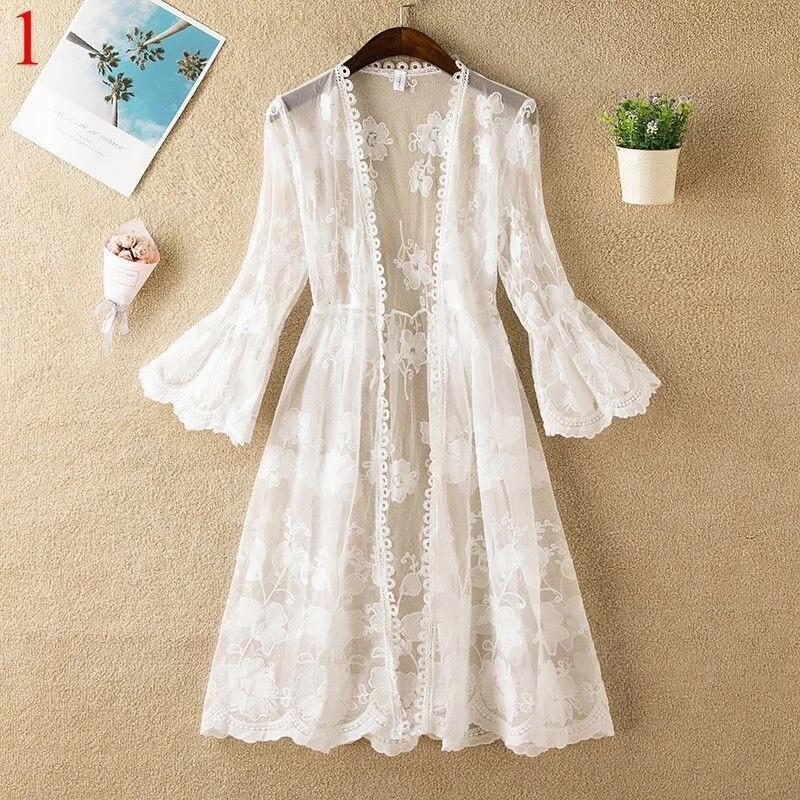 Lady White Long Coat Jacket Cardigan Flare Sleeve Sheer Sun