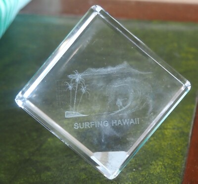 Hawaii Glass Cube Paperweight Etched Sculpture Hawaiian Surfing Palm Trees.