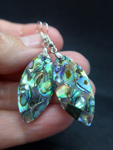 Abalone Shell Marquise Oval Silver Hook Drop Dangle Earrings Mother of Pearl - Picture 7 of 9