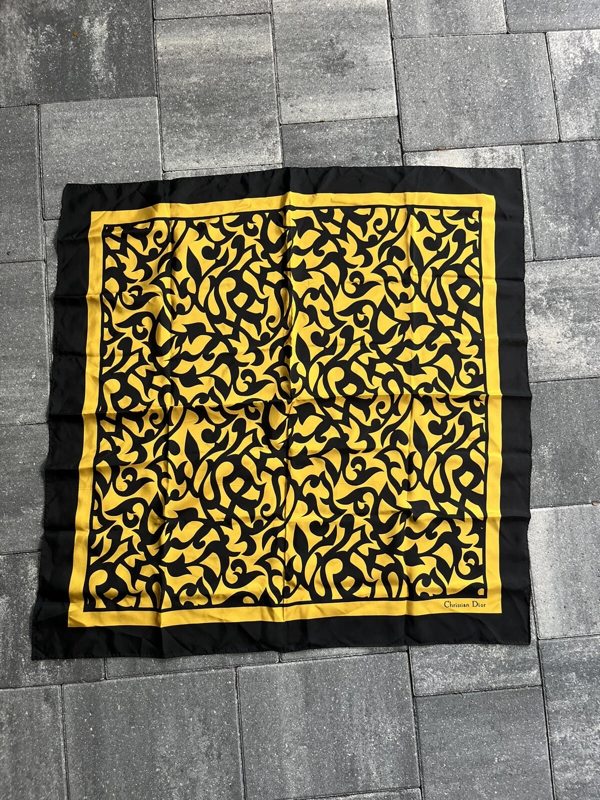 christian dior 100% silk scarf black Gold 34x34”