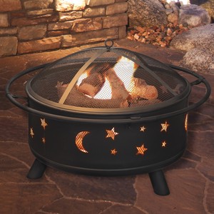 Round Star And Moon Fire Pit With Spark Screen And Cover 30in