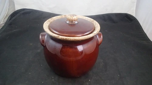 Vintage Hull Oven Proof USA Brown Drip Glaze Cookie Jar / Bean Pot Stoneware Lid