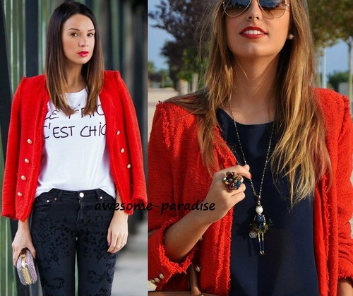 A569 ZARA RED TWEED FANTASY FABRIC BLAZER JACKET GOLD BUTTONS COAT ...