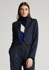Polo Ralph Lauren Womens Cropped Navy Wool Striped Button Blazer Jacket NWT