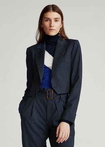 Polo Ralph Lauren Womens Cropped Navy Wool Striped Button Blazer Jacket NWT $598 - Picture 5 of 6