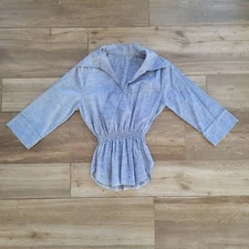 Vintage 70s Blue Chambray Elastic Waist Wode Collar Blouse Top XS