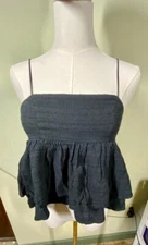 Urban Outfitters XS Olivia Tiered Peplum Babydoll Ruffle Cami Top Black Smocked