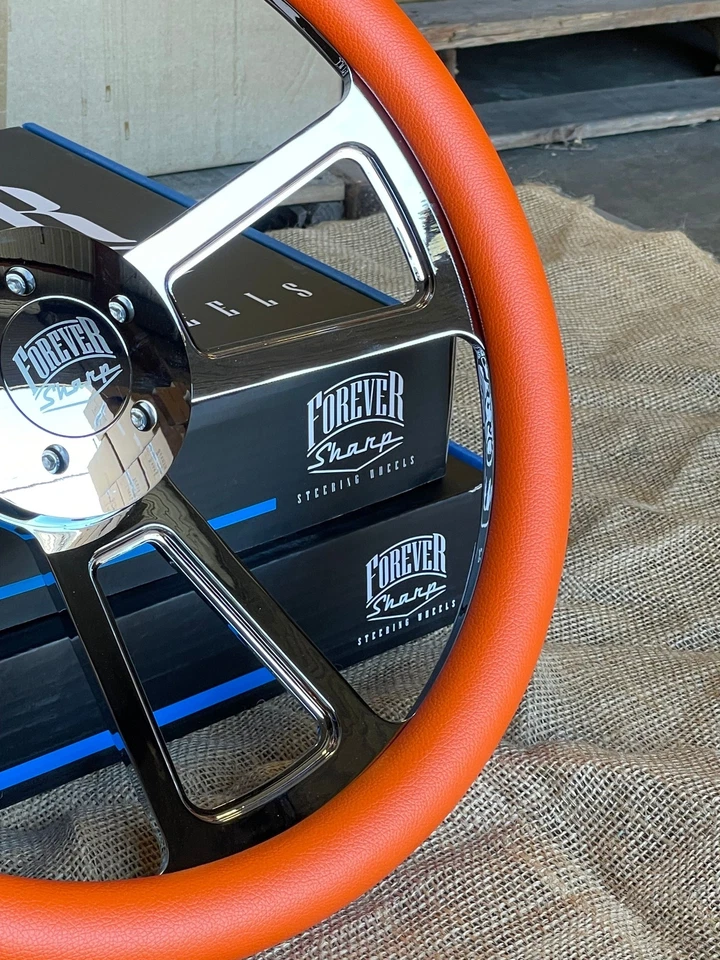 Volante semi camión cromado de 18 pulgadas con empuñadura de vinilo naranja - 5 orificios Foto 3 de 4