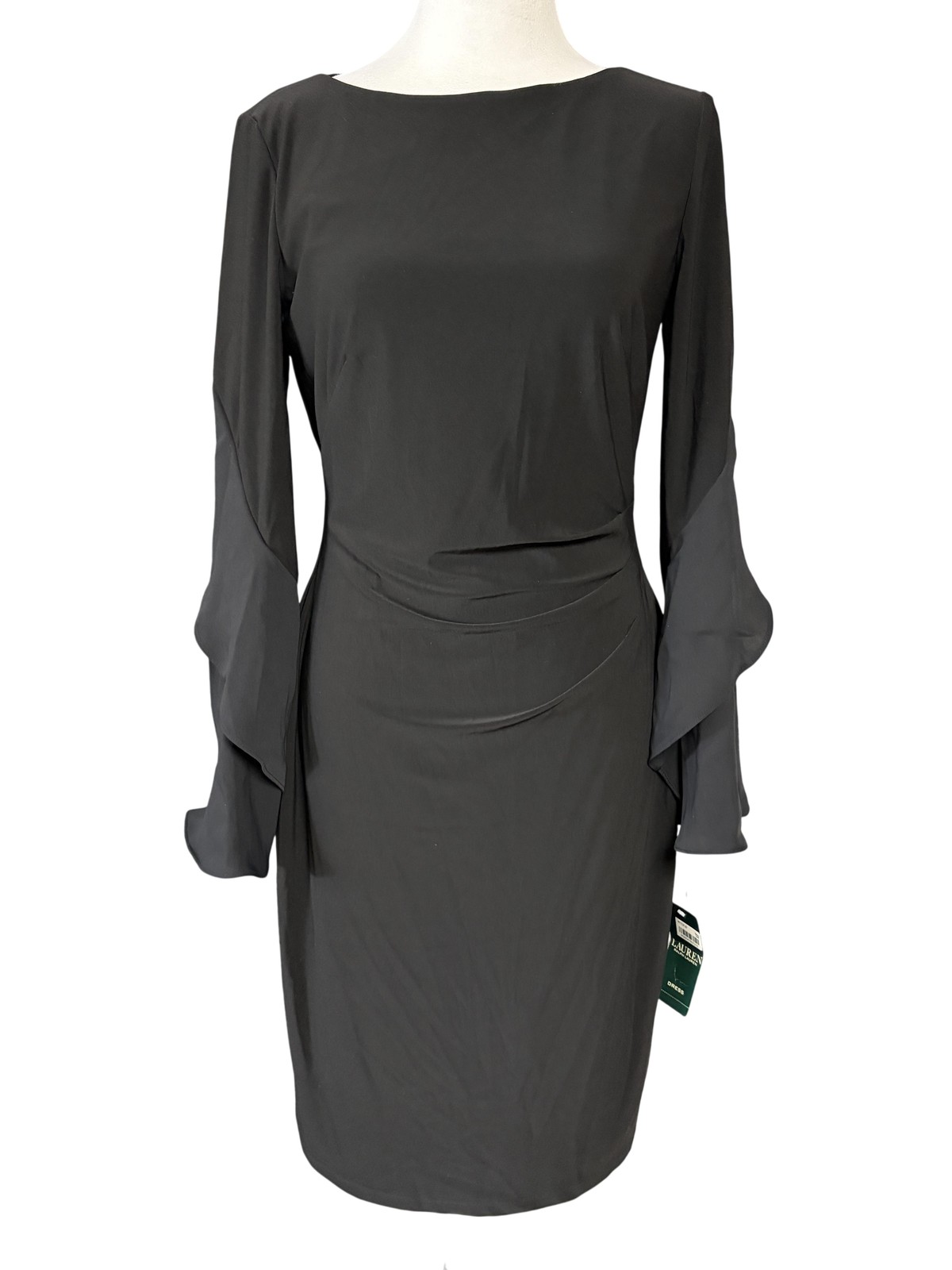 Lauren Ralph Lauren Dress Womens 4 Black Ruched Bell Sleeve Jersey Sheath Knee