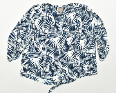 Chico's Palm Leaf Print Button Up Blouse Top Size 2 Medium Blue White V-Neck