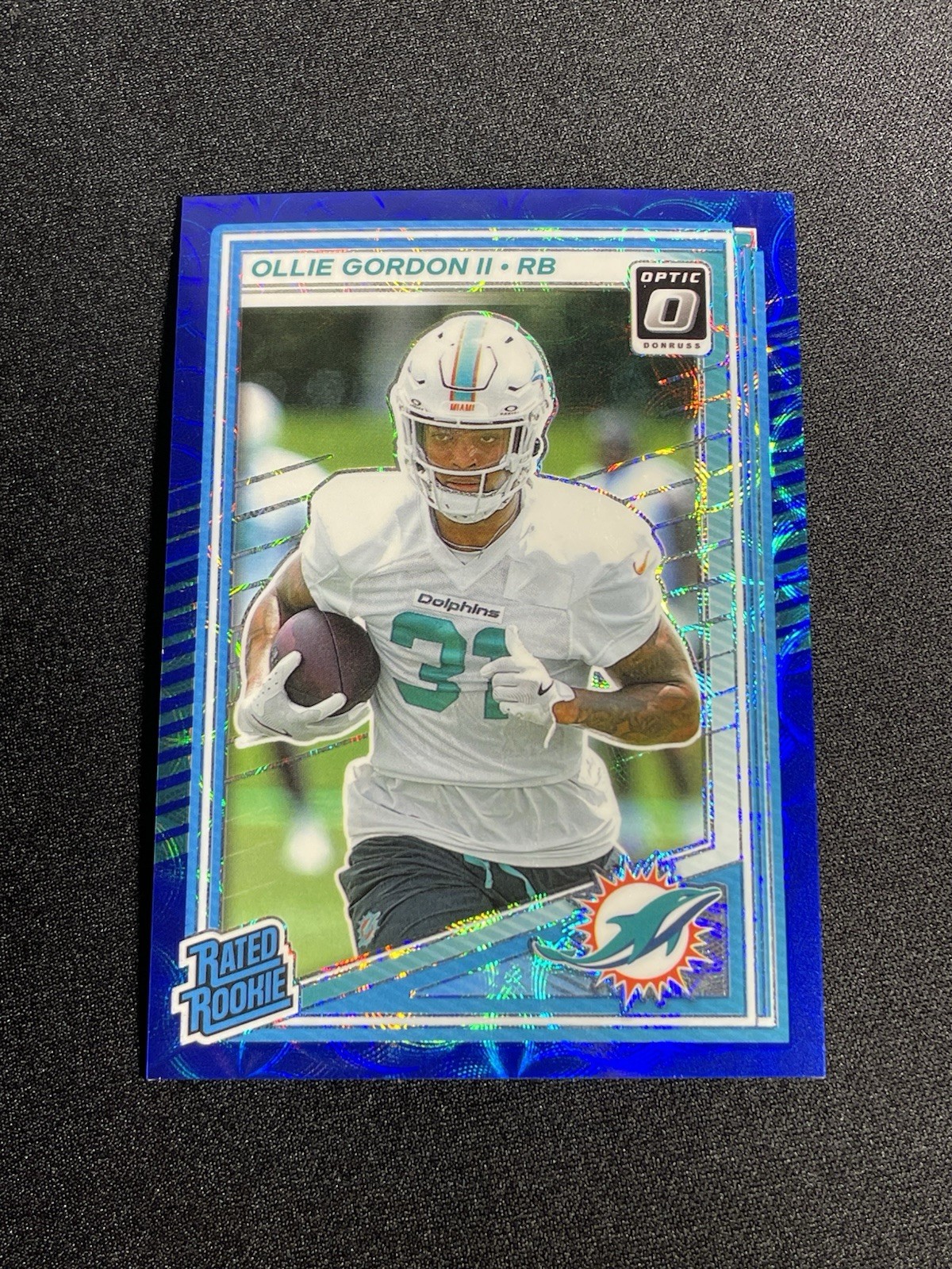 2025 Donruss Optic Rated Rookie Blue Scope Prizm Ollie Gordon 218 RC Dolphins
