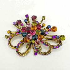 Gold Tone Multicolor Round Rhinestone Cluster Bow Brooch Pin