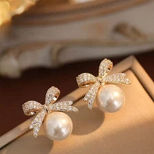 Sparkling Bow & Faux Pearl Earrings Golden Toned Holiday Women Fashion Jewelry