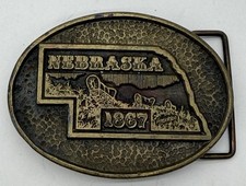 Vintage Nebraska Statehood 1867 Brass Belt Buckle Wagons
