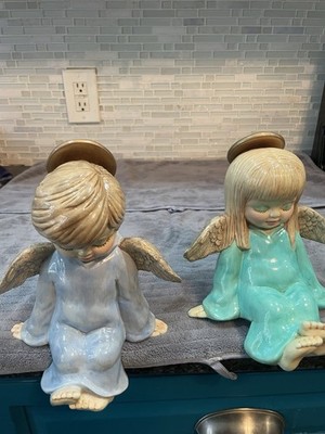 Vintage Holiday Christmas Angel Figurine Boy Girl 1980 s Ceramic Gold Halos