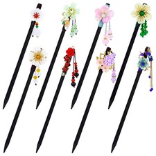 8 Vintage Retro Asian Hair Sticks - 8 Wooden Hair Pins with Bead Pendants for Up