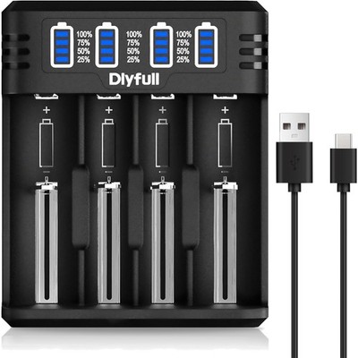 18650 21700 26650 Akku Ladegerät 4-Slot USB-C Schnellladung LED Display NiMH ...