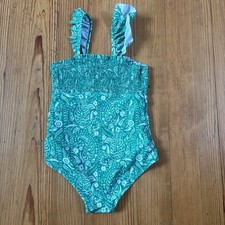 Crown  Ivy green white smocked ruffle strap swimsuit SIZE 6