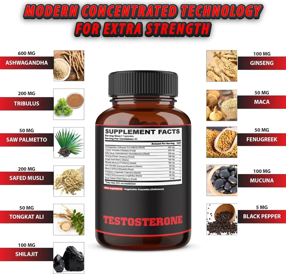 Testosterone Supplement for Men with Ashwagandha, Tribulus, Ginseng & More -...  - Image 2 of 4