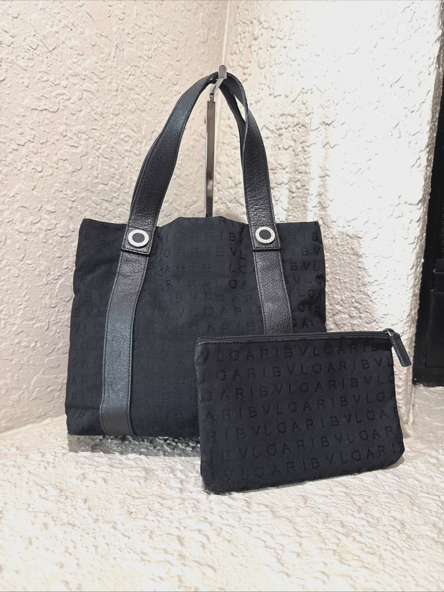 Bvlgari Black Logo Canvas Tote with Matching Pouch — Striking Red