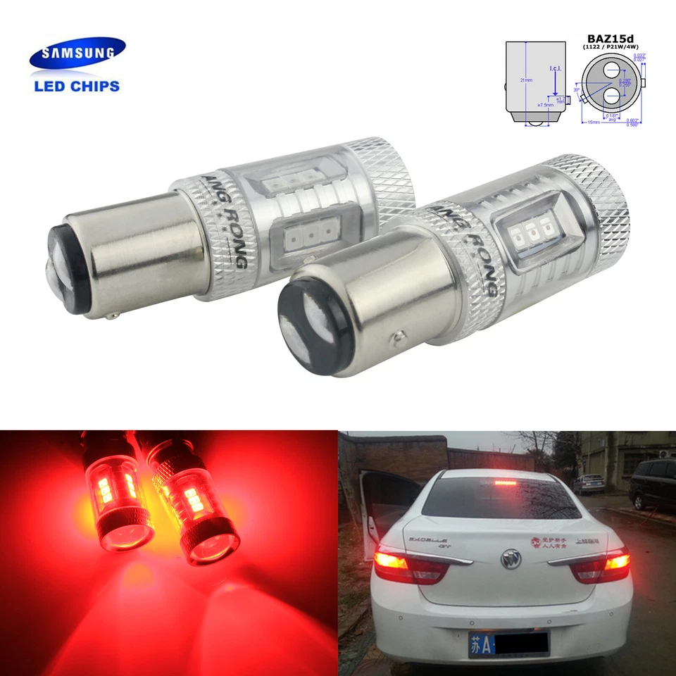 2x P21/4W BAZ15D LED Ampoules 15W Rouge Voiture Feu de Stop Freinage Arrière 12v - Photo 2/4