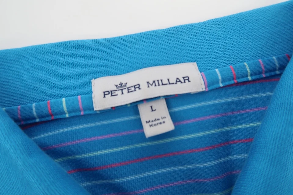 Peter Millar Mens Large Blue Striped Golf Performance Cotton Polo Shirt - Image 3 of 4