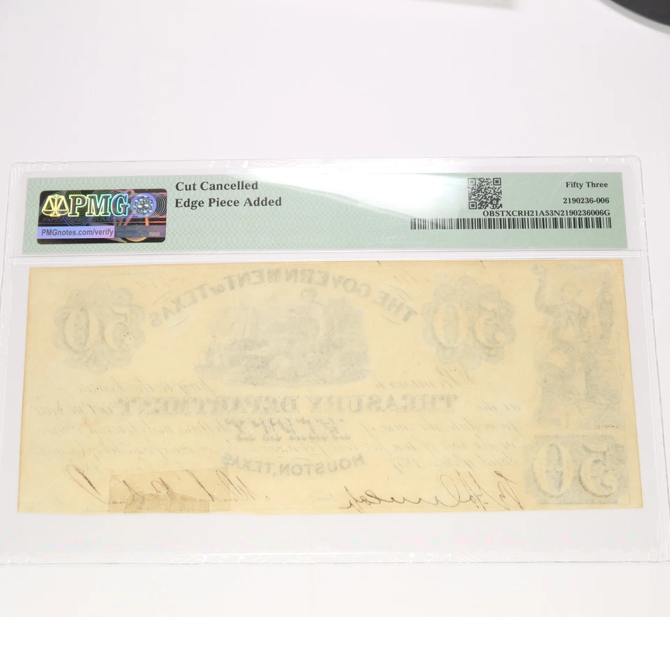 1838-39 PMG AU53 NET - Houston GOVERNMENT OF TEXAS $50 Treasury Note #45668F - Image 2 of 2