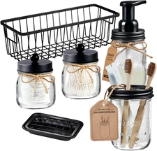 6-PC Mason Jar Bathroom Accessories Set - Rustic Farmhouse Decor (BLACK)