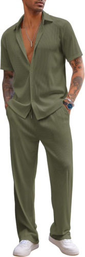 Men'S 2 Piece Outfit Casual Short Sleeve Button down Shirt Beach Summer Loose Pa