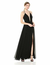 279 Betsy  Adam Women'S Black V-Neck Lace Up Slit Front Sleeveless Gown Size 4